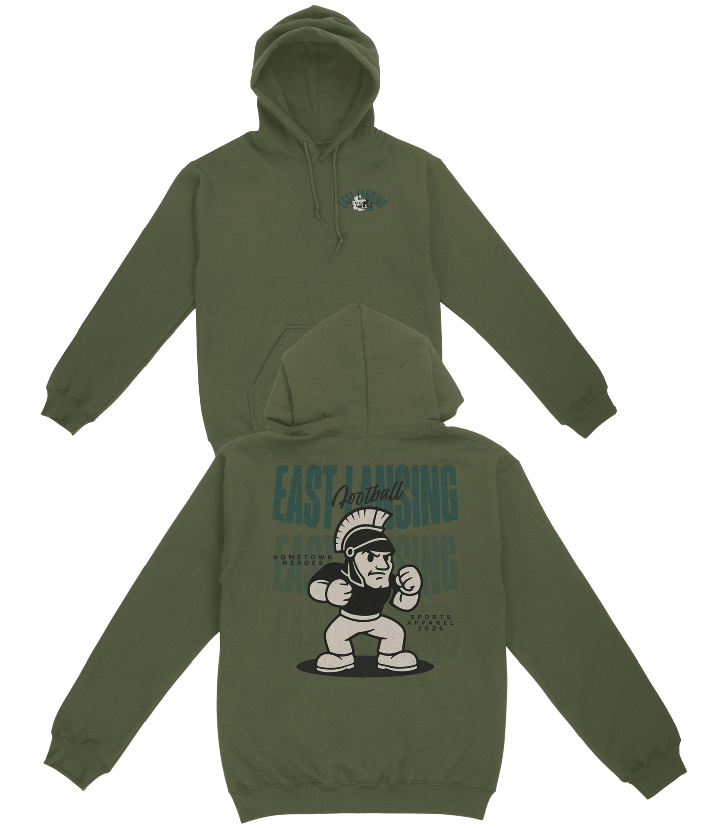Green hoodie with cartoon character and text on a white background