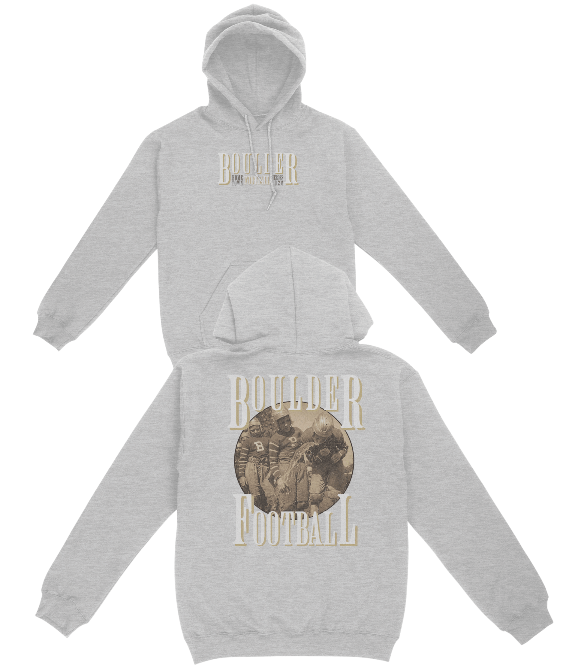 Gray hoodie and sweatpants set with 'Boulder Football' text and logo on a white background
