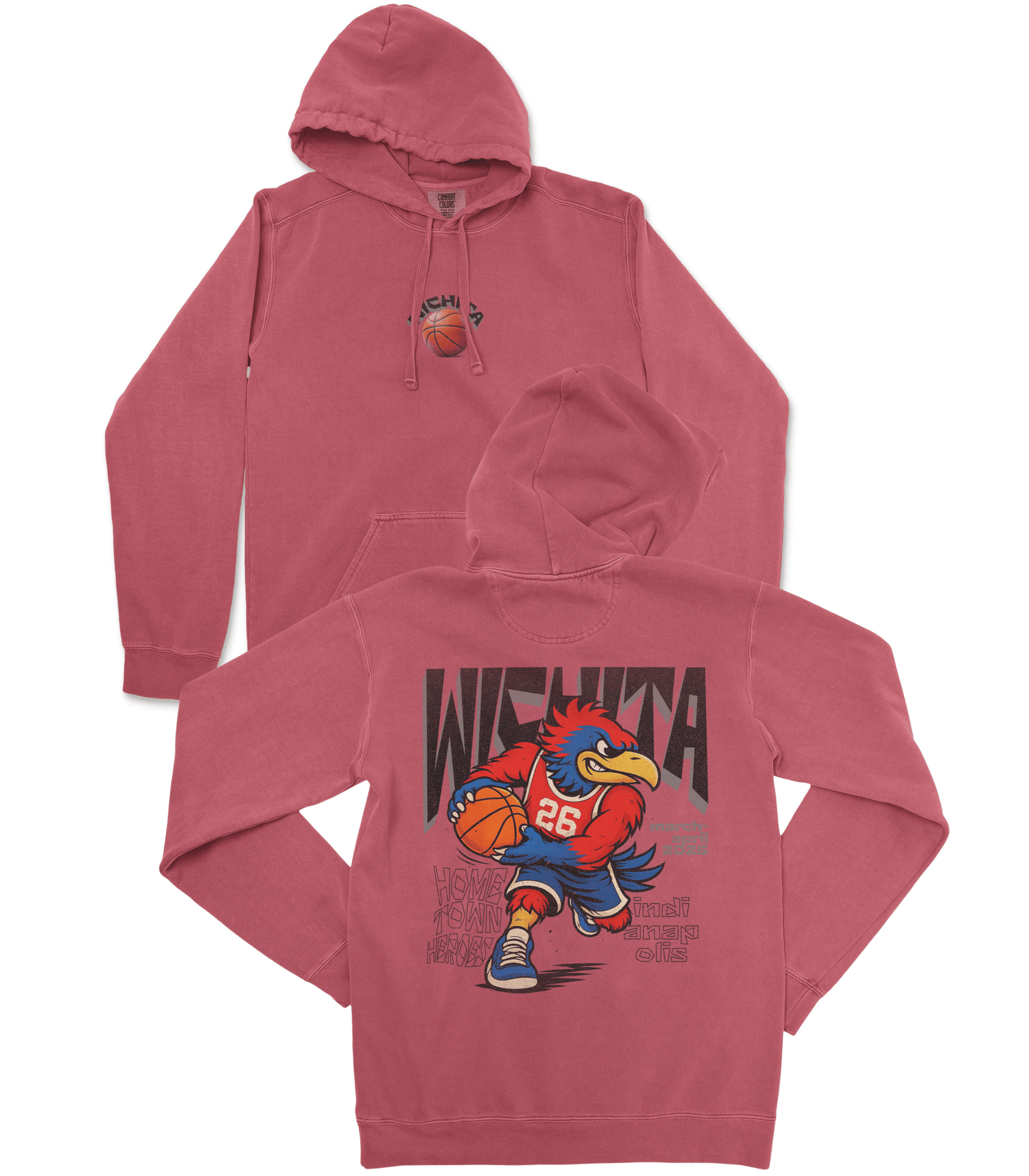 Red hoodie with a cartoon rooster character and 'Wichita' text on a white background