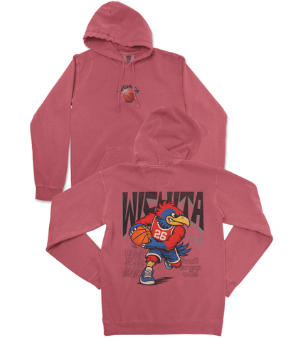 Red hoodie with a cartoon rooster character and 'Wichita' text on a white background