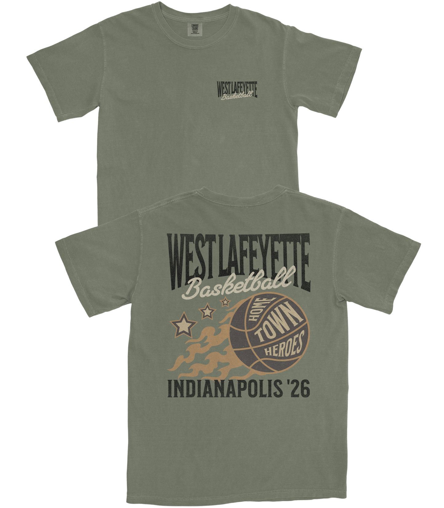 Green t-shirt with 'West Lafayette Basketball' design on a white background