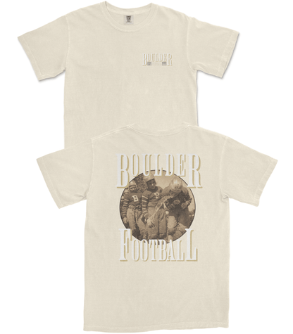 Beige t-shirt with graphic design and text on a white background
