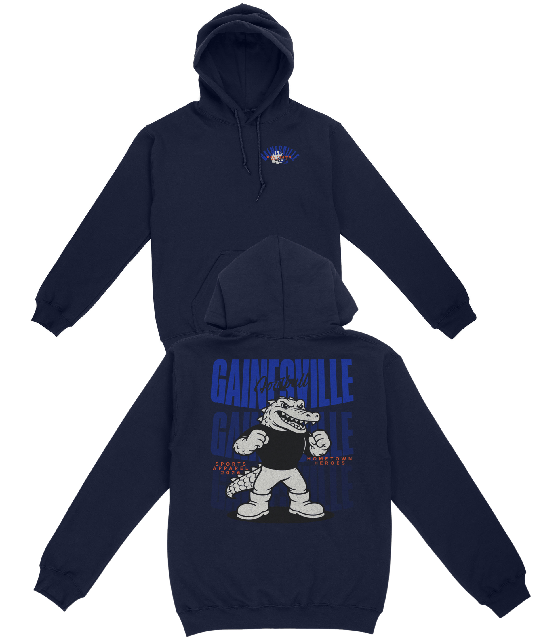 Navy blue hoodie with a graphic design on the front on a white background