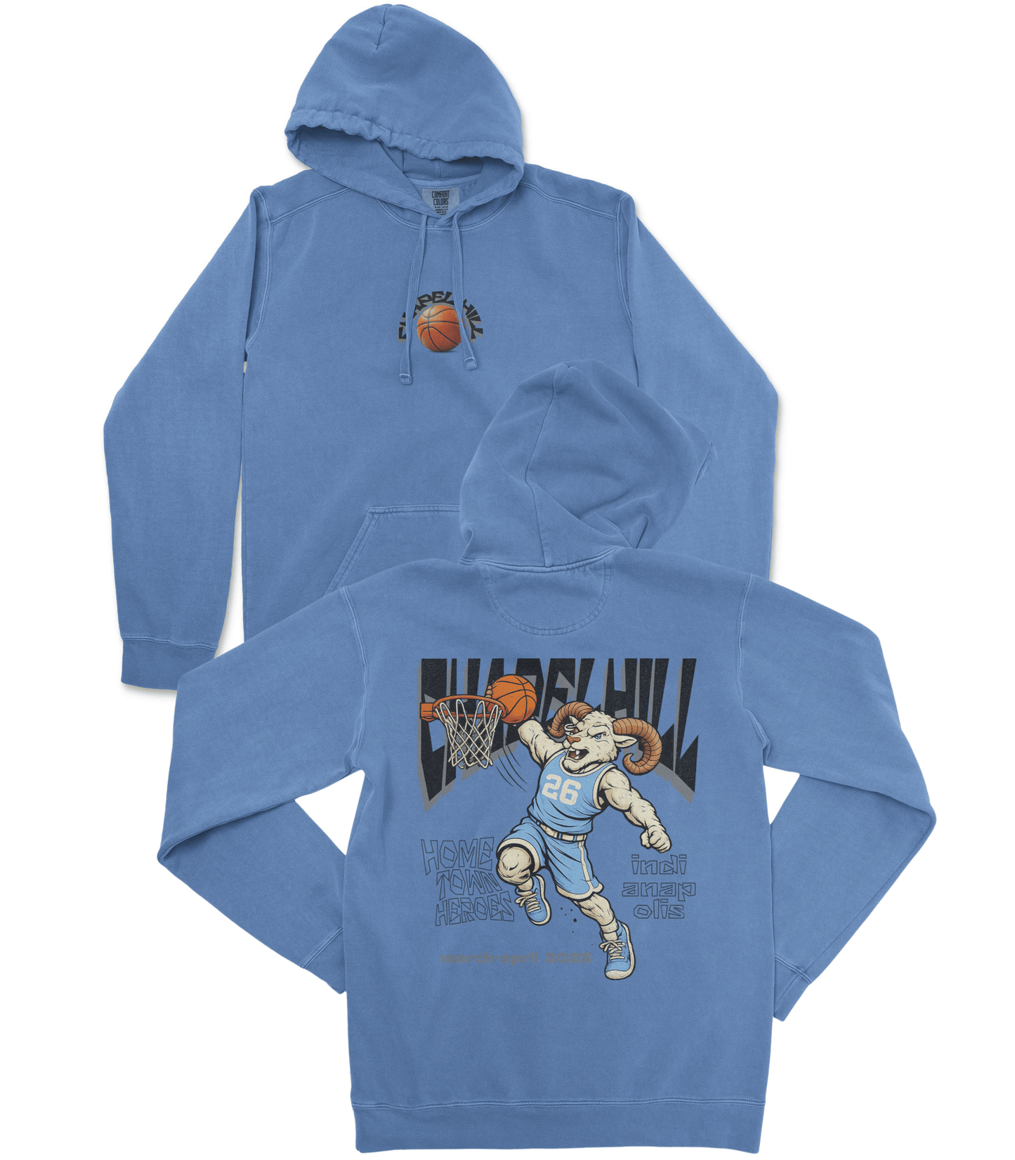 Blue hoodie with a graphic design on the front and a basketball player on the back