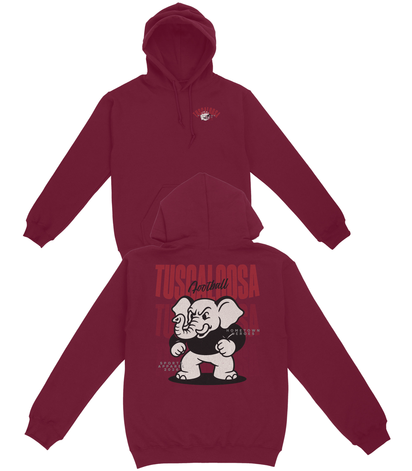 Maroon hoodie with elephant graphic and 'Tuscaloosa' text on a white background
