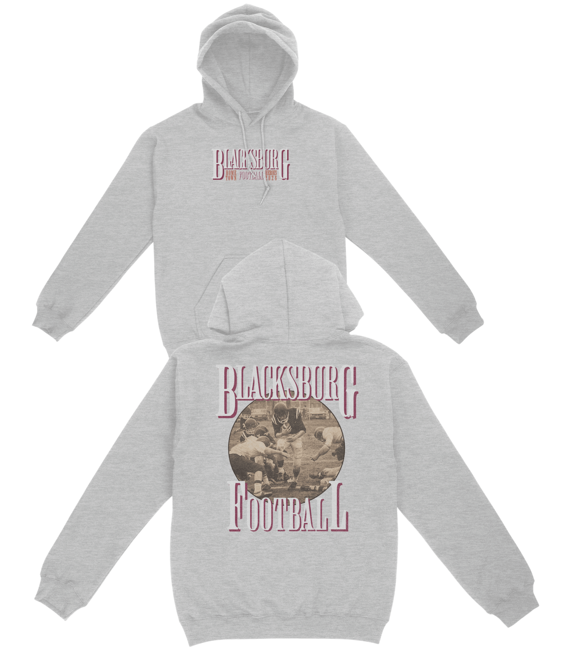 Gray hoodie with 'Blacksburg Football' design on a white background
