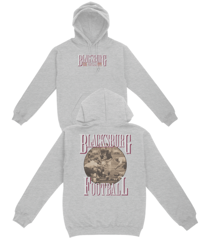 Gray hoodie with 'Blacksburg Football' design on a white background