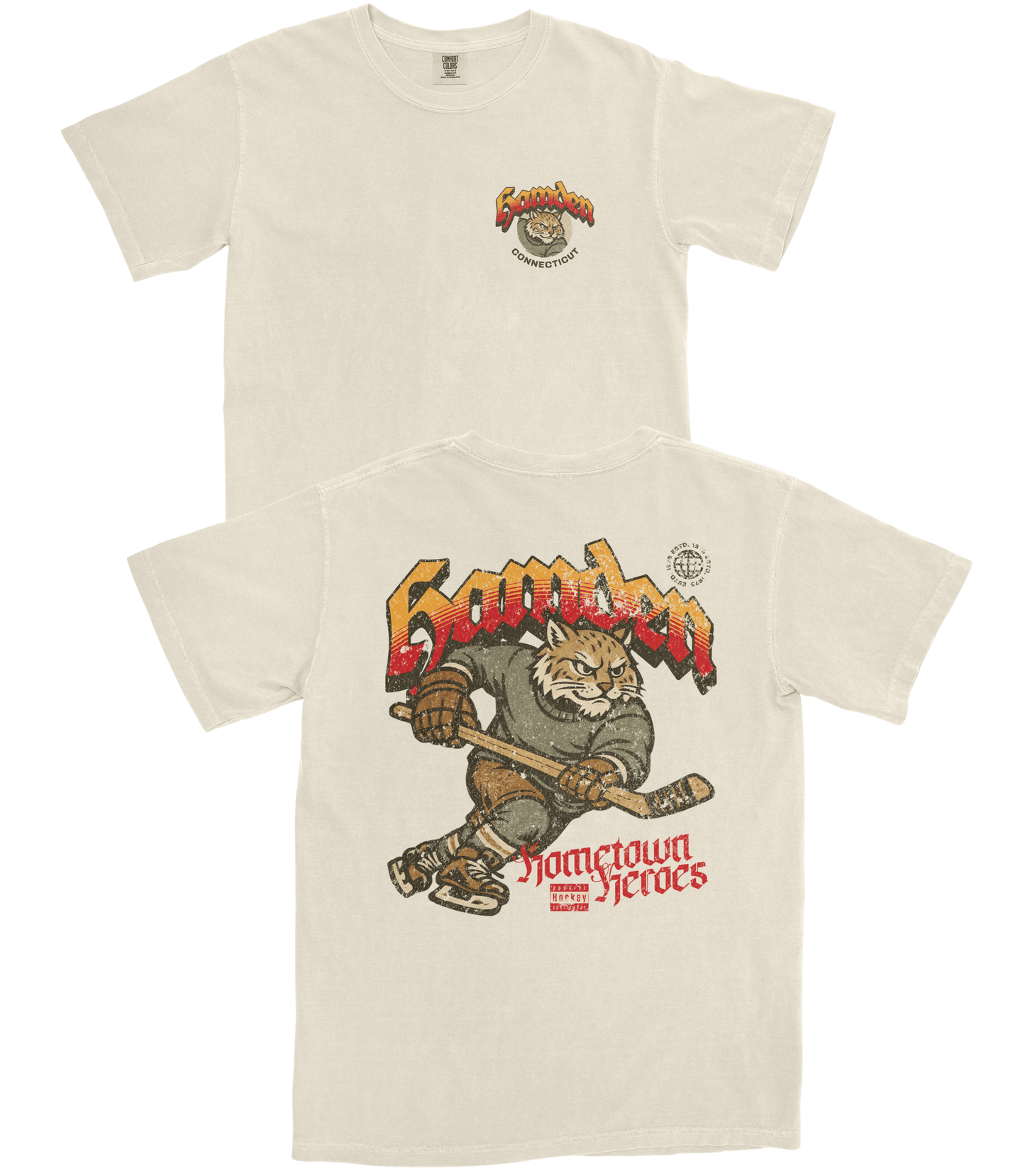 Beige t-shirt with graphic design of a cat holding a baseball bat and text on a white background