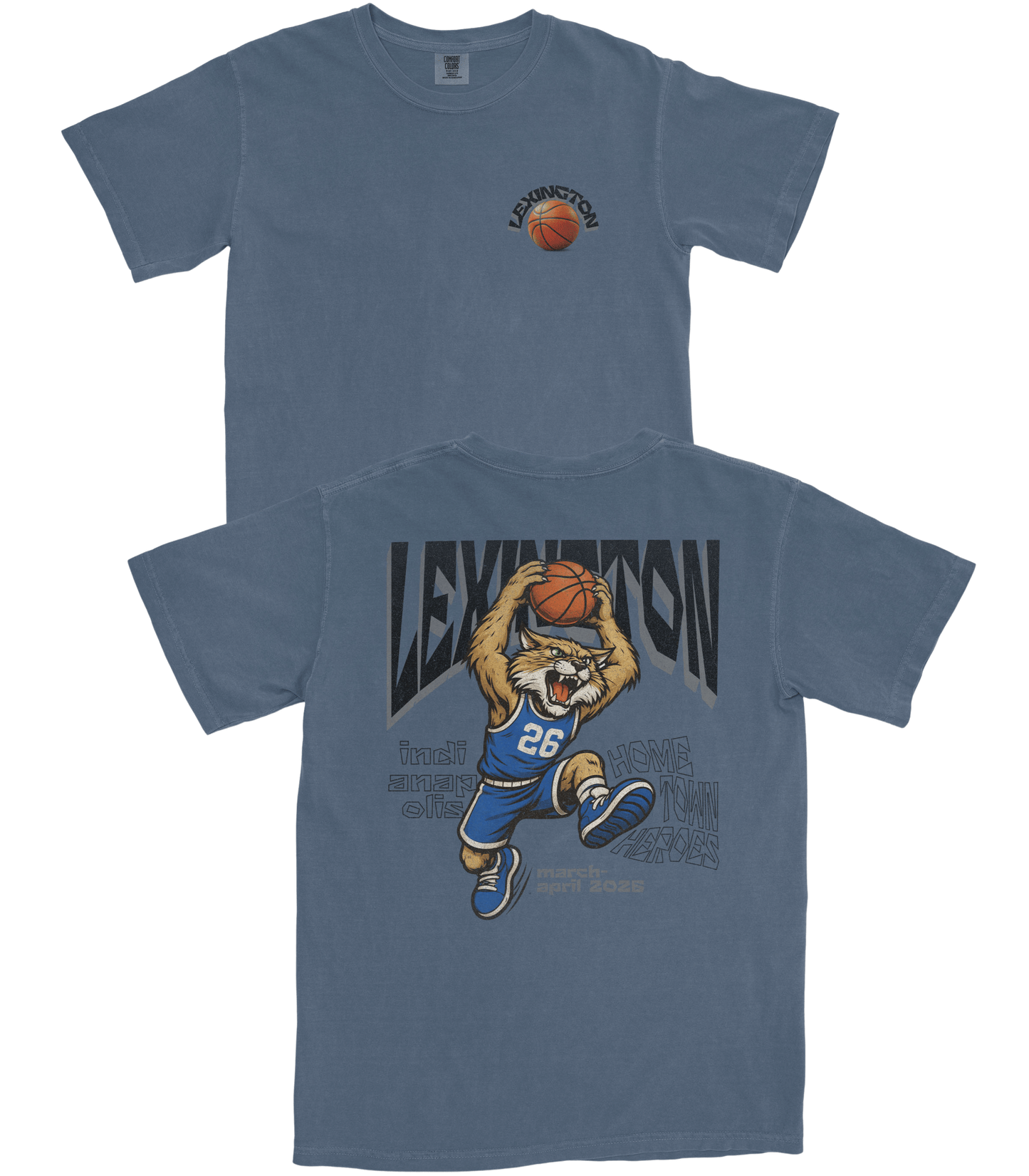 Blue t-shirt with a graphic of a lion holding a basketball and text on a white background