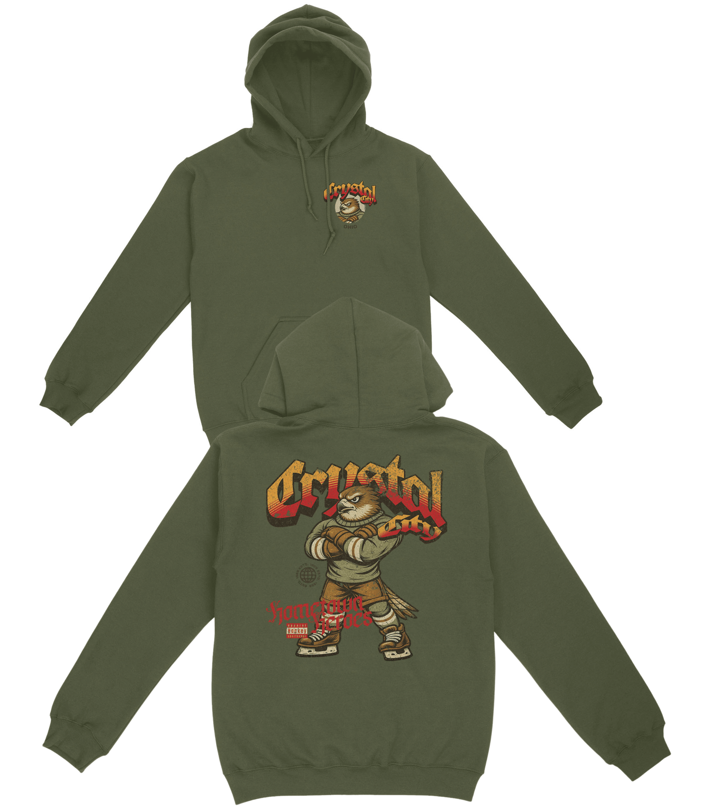 Green hoodie with 'Crystal' logo on front and back on a white background