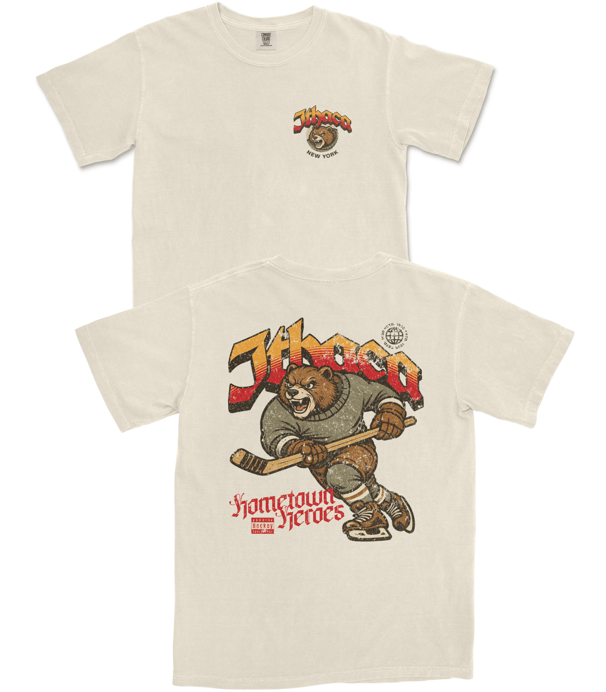 Beige t-shirt with a bear graphic and text on a white background