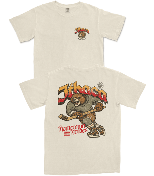 Beige t-shirt with a bear graphic and text on a white background