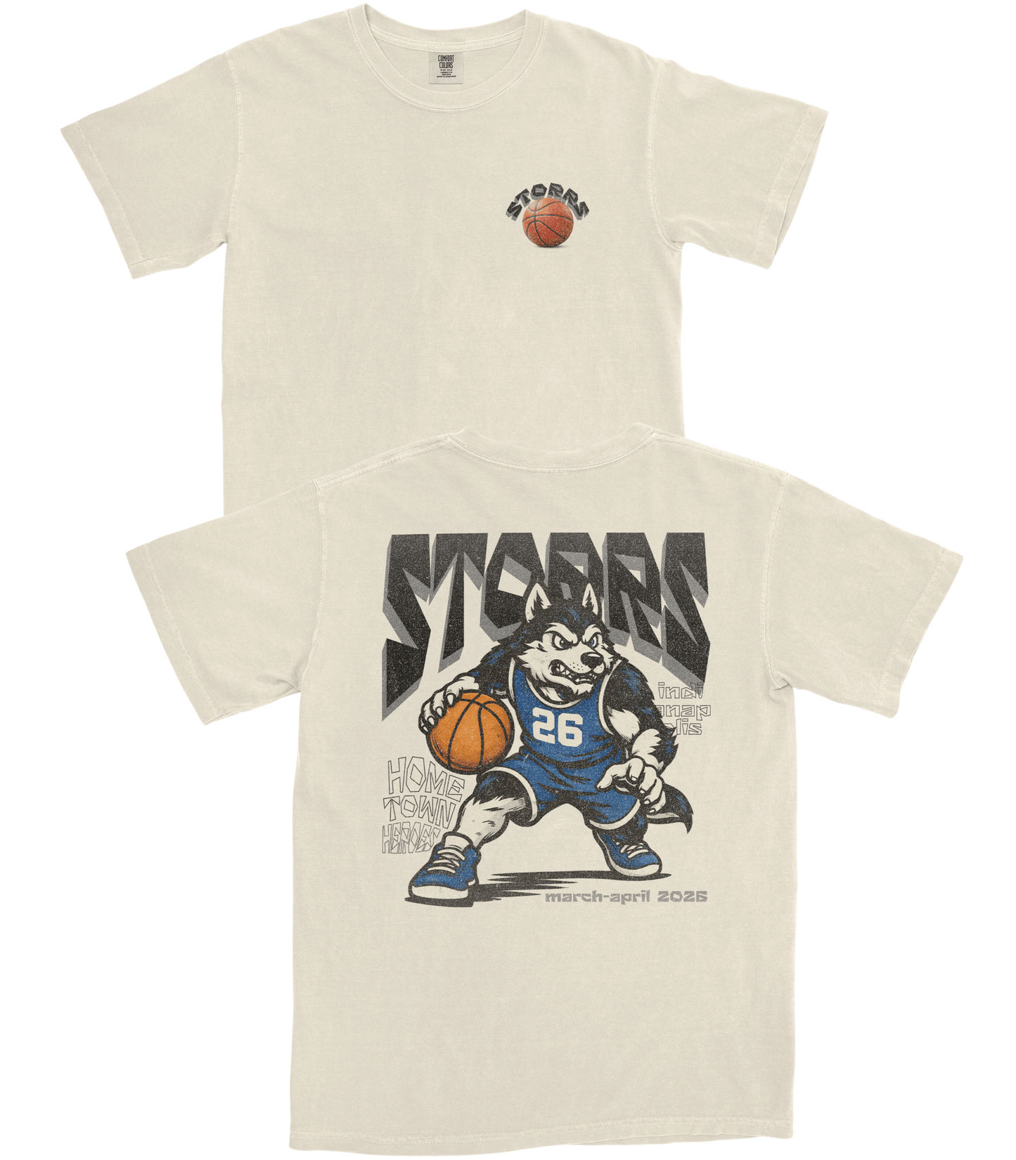 Beige t-shirt with a graphic of a mascot holding a basketball and the word 'STUDS' on a white background.
