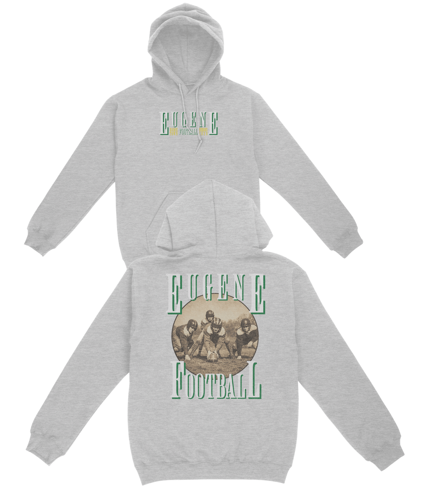 Gray hoodie with 'Eugene Football' design on a white background