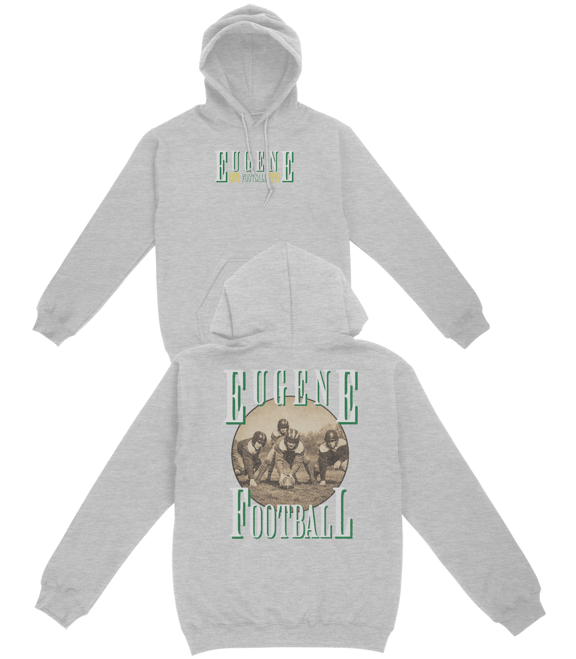 Gray hoodie with 'Eugene Football' design on a white background