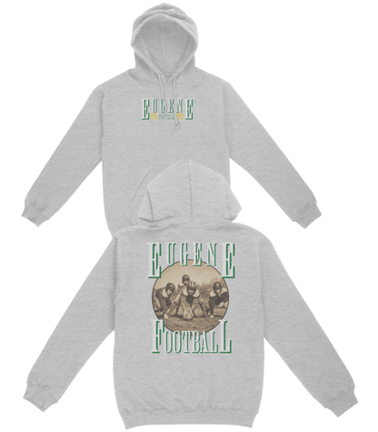 Gray hoodie with 'Eugene Football' design on a white background