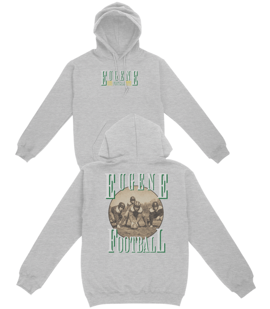 Gray hoodie with 'Eugene Football' design on a white background