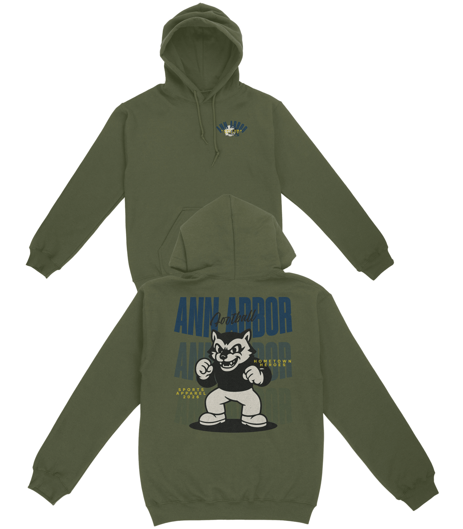 Green hoodie with 'Ann Arbor' and bear graphic on front and back