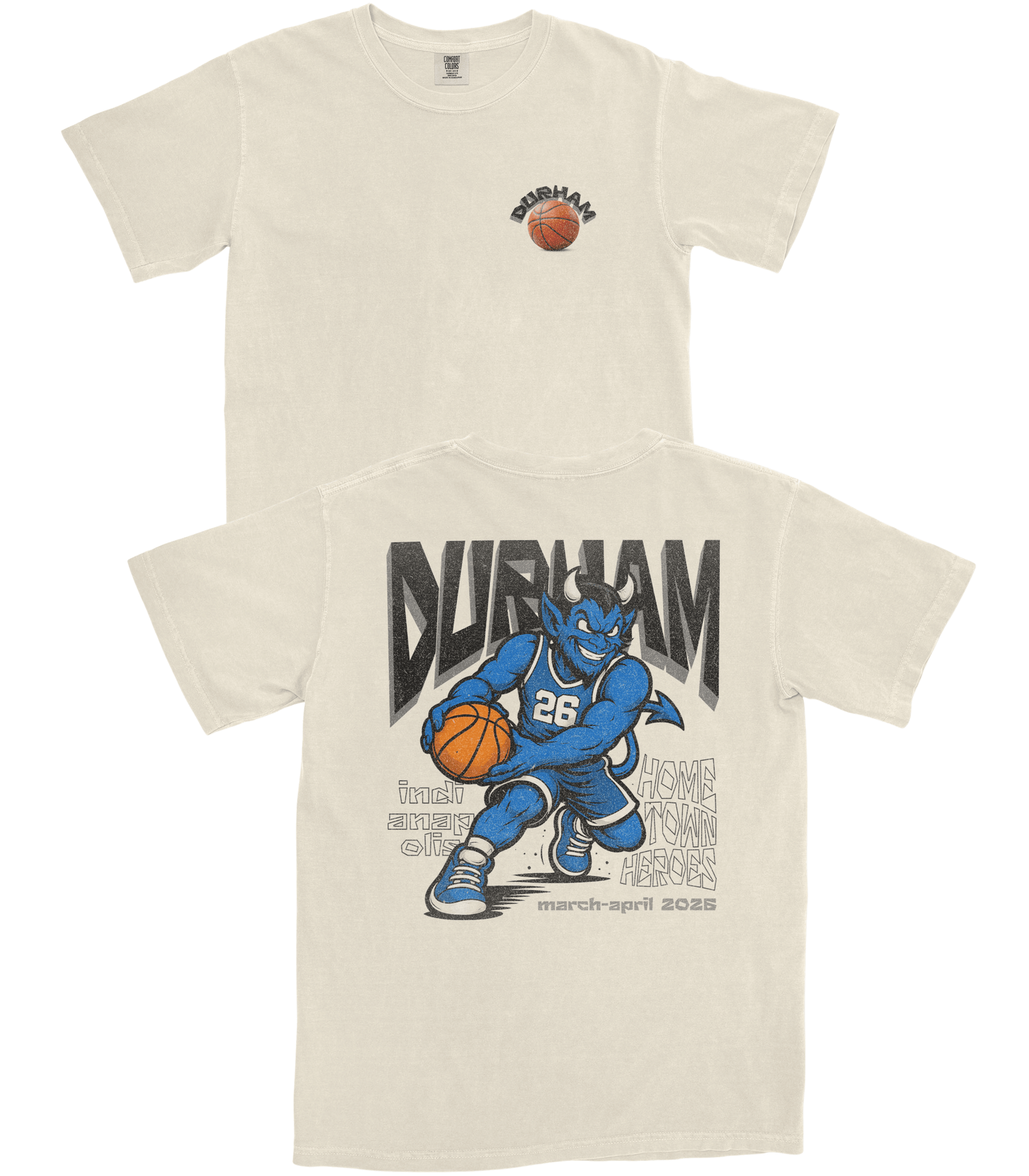 Beige t-shirt with 'Durham' graphic and basketball design on a white background
