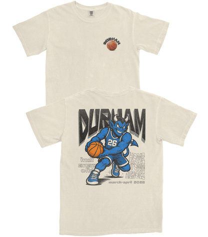 Beige t-shirt with 'Durham' graphic and basketball design on a white background