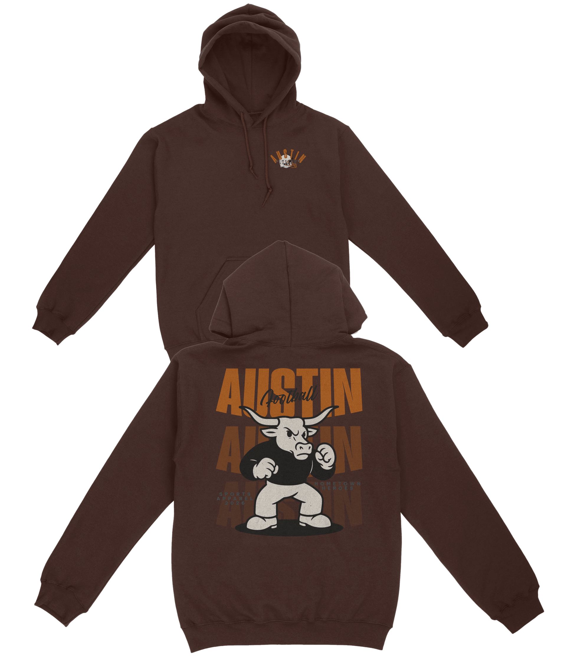 Brown hoodie with 'Austin American' graphic on the back, displayed front and back.