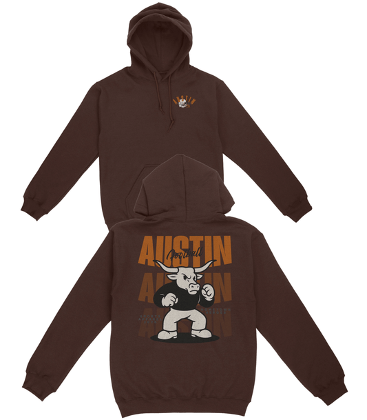 Brown hoodie with 'Austin American' graphic on the back, displayed front and back.