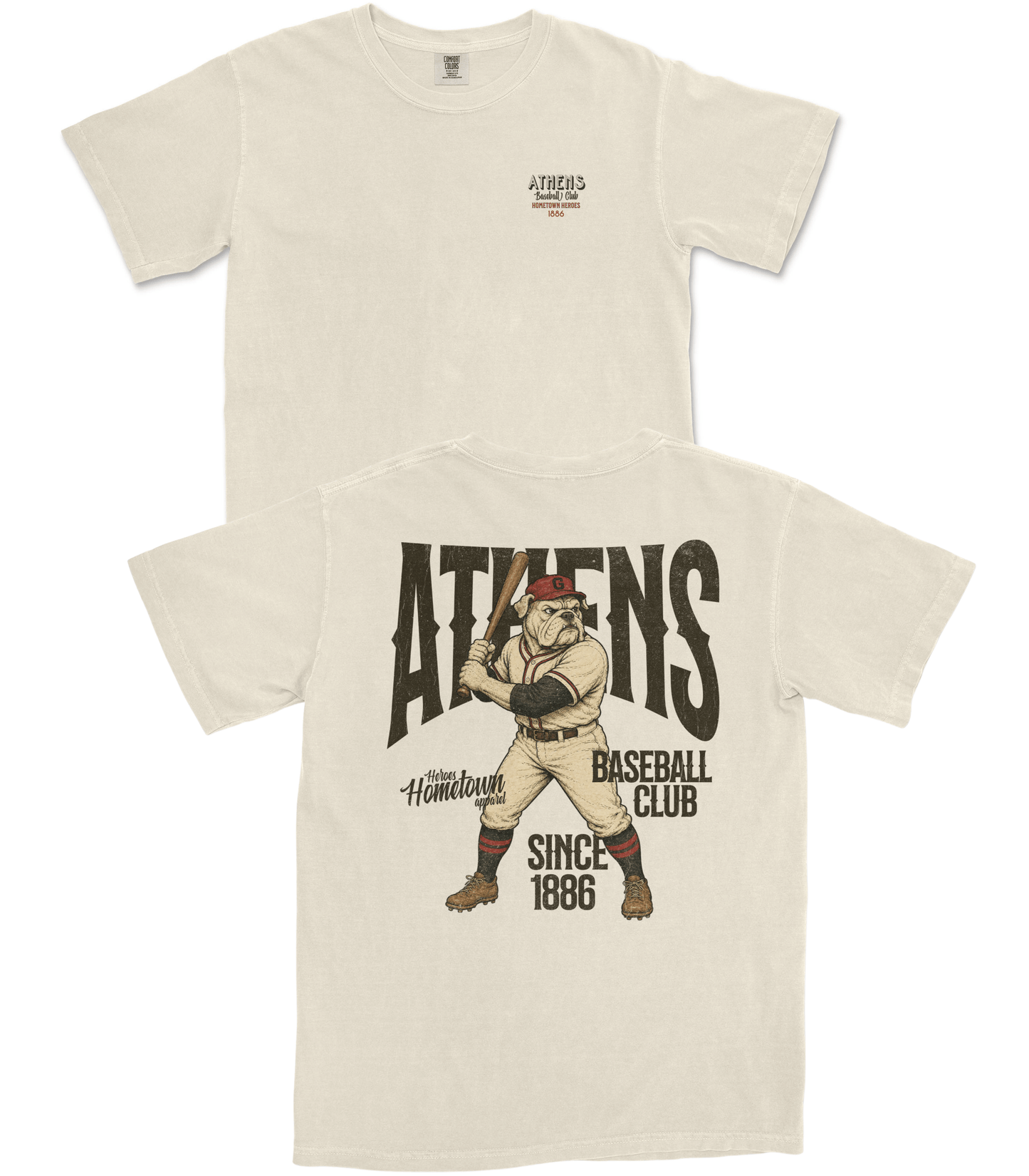 Beige t-shirt with a graphic of a baseball player and text 'Athens Baseball Club' on a white background