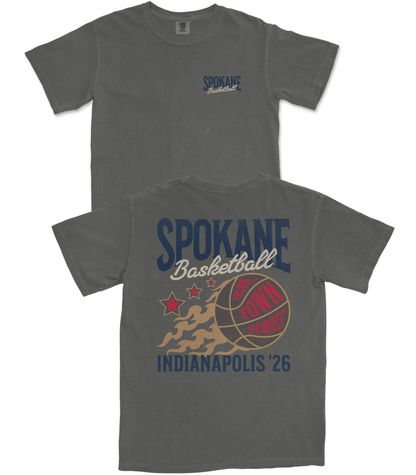 Gray t-shirt with 'Spokane Basketball' design on front and back