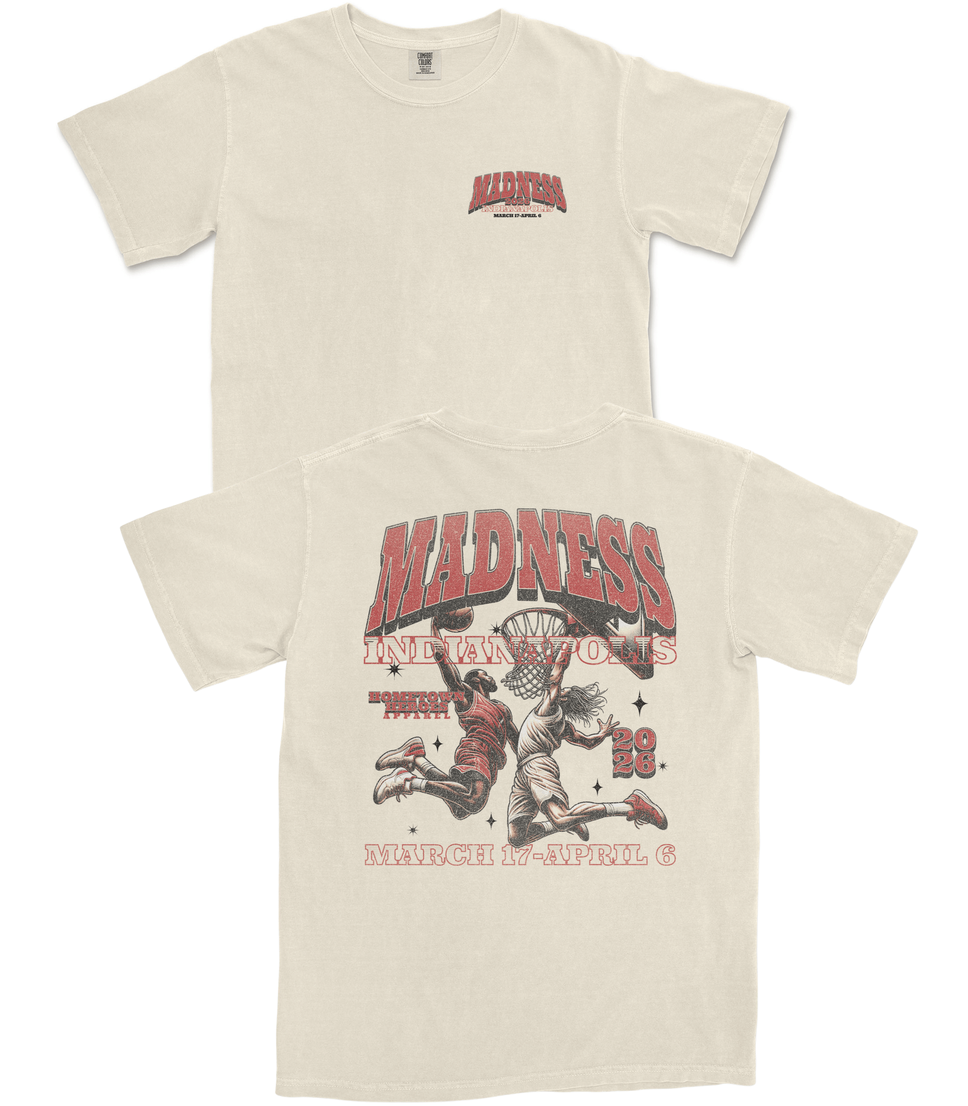 Beige t-shirt with graphic design and text on a white background