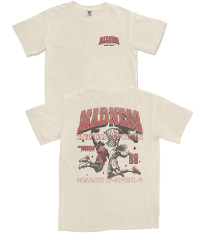 Beige t-shirt with graphic design and text on a white background