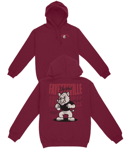 Maroon hoodie with cartoon character and text on front and back, on a white background