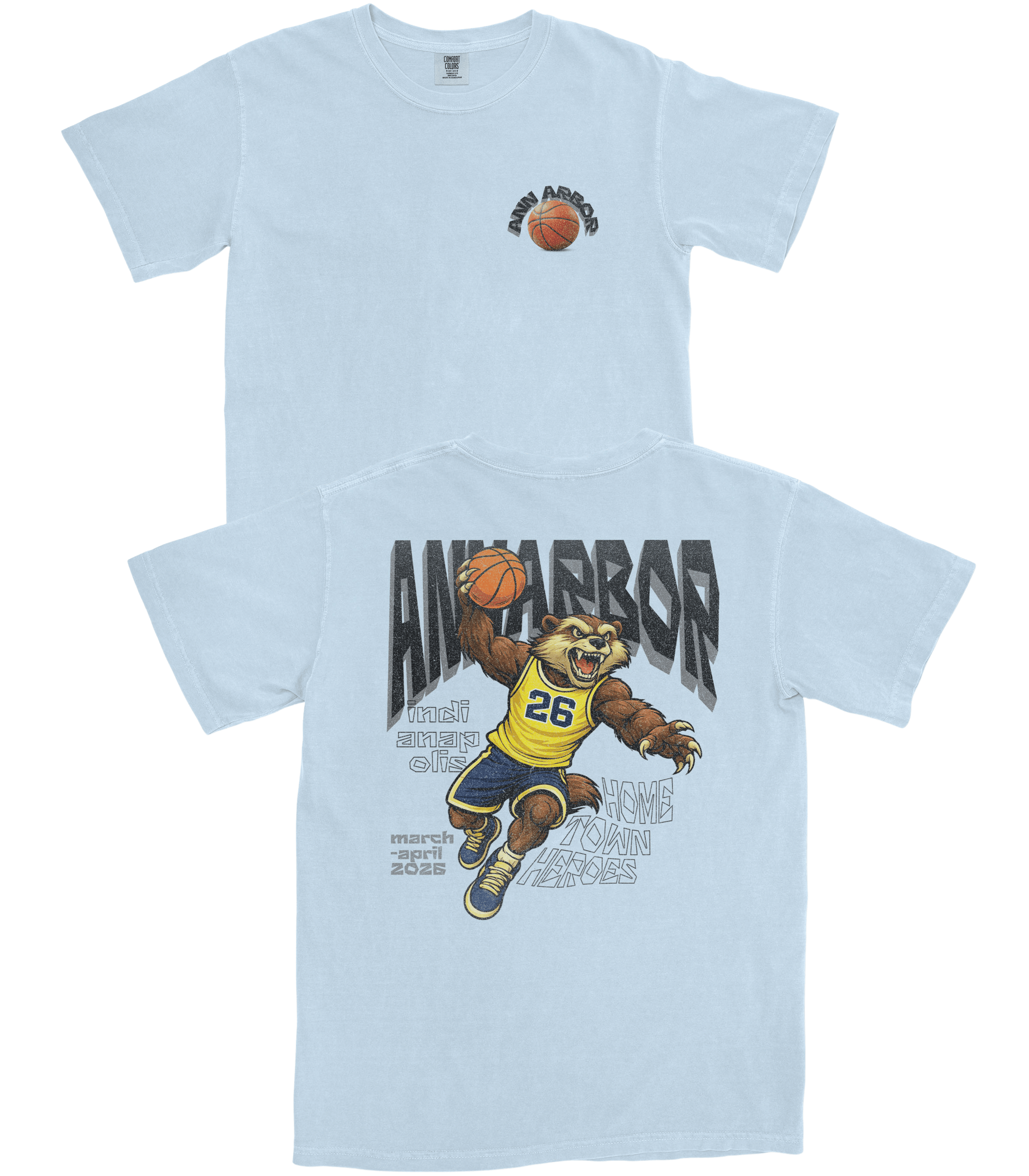 Light blue t-shirt with a bear holding a basketball and 'Ann Arbor' text on a white background