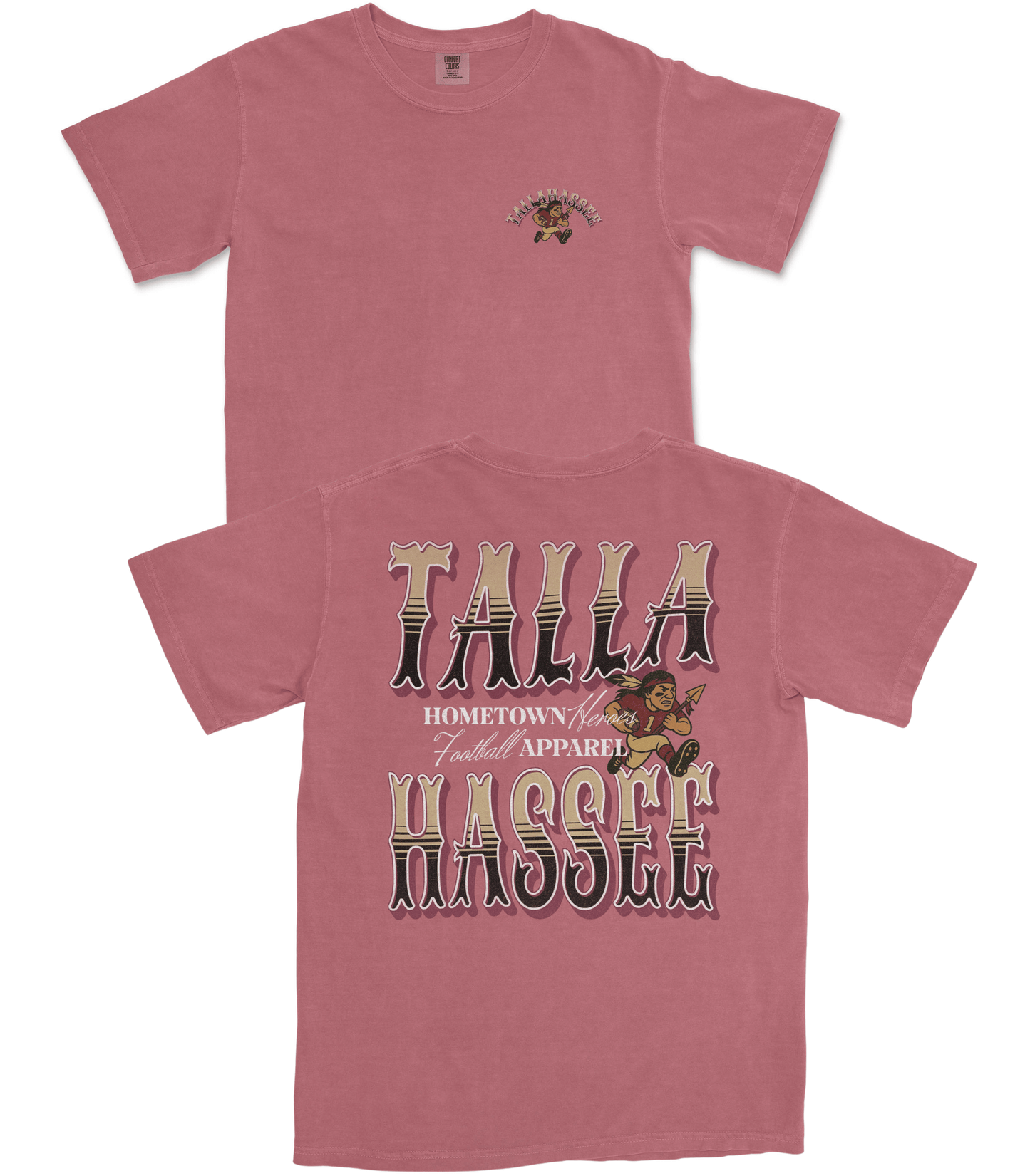 Red t-shirt with graphic design and text on a white background