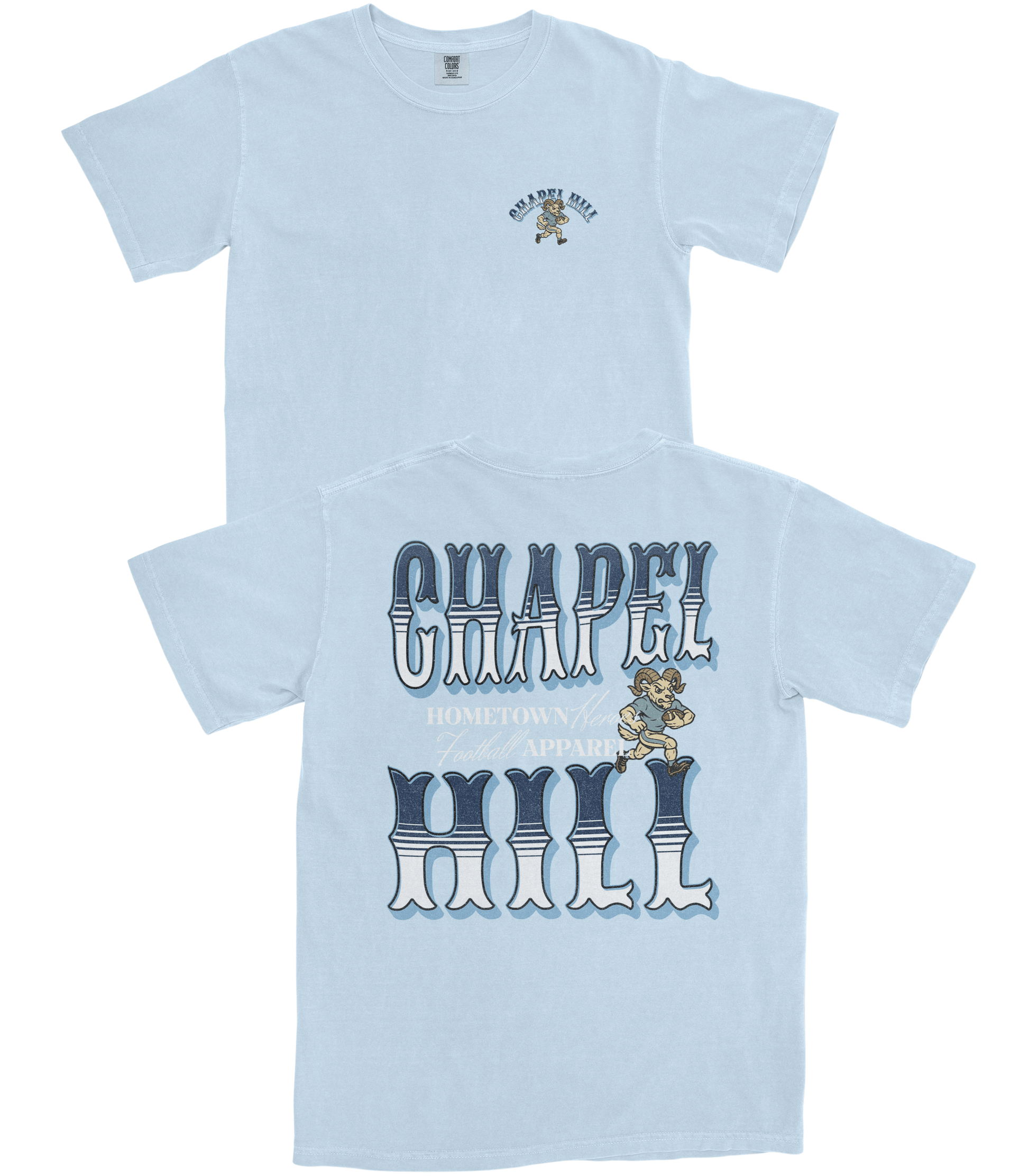 Light blue t-shirt with graphic design and text on a white background