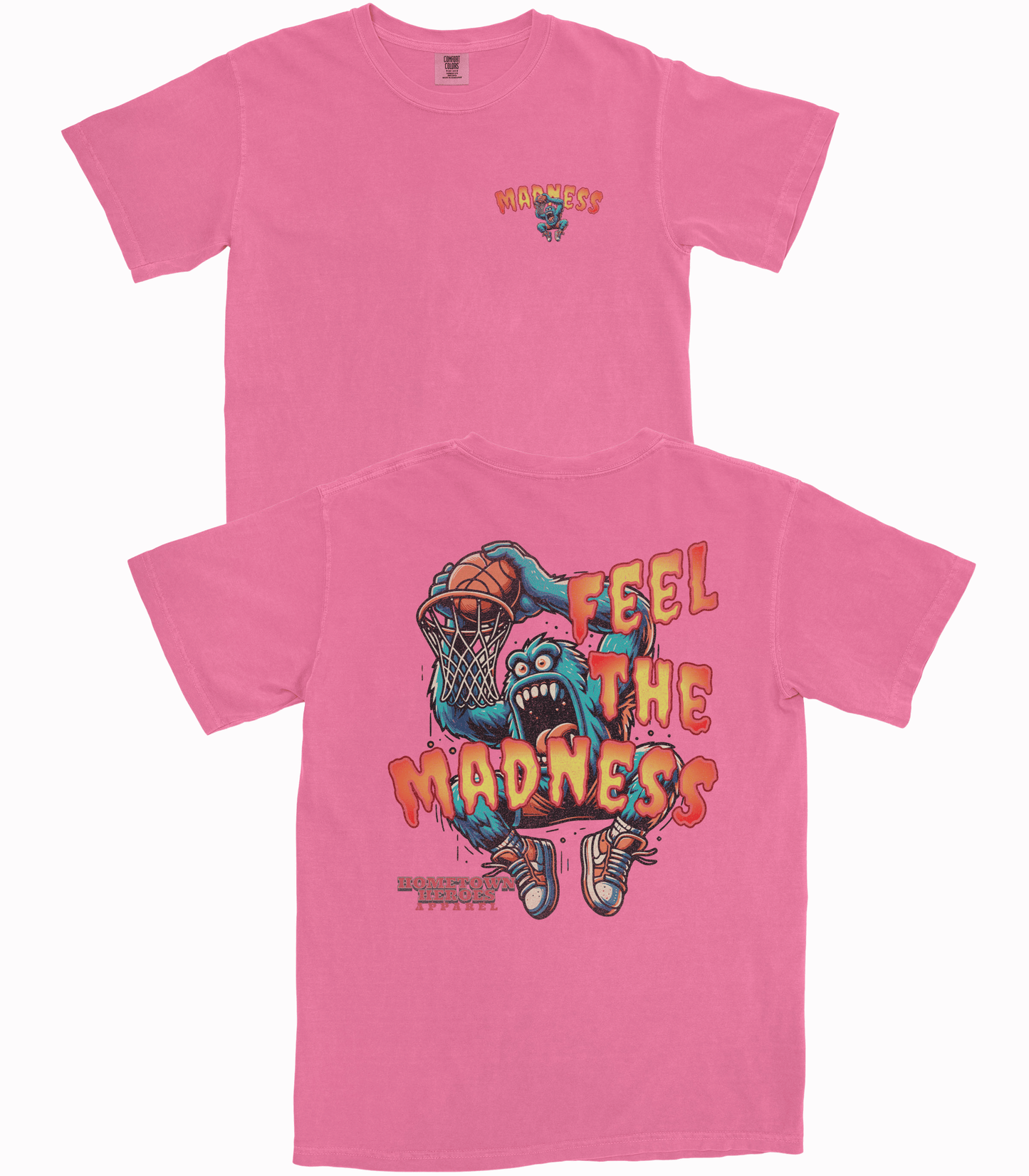 Pink t-shirt with graphic design and text on a white background