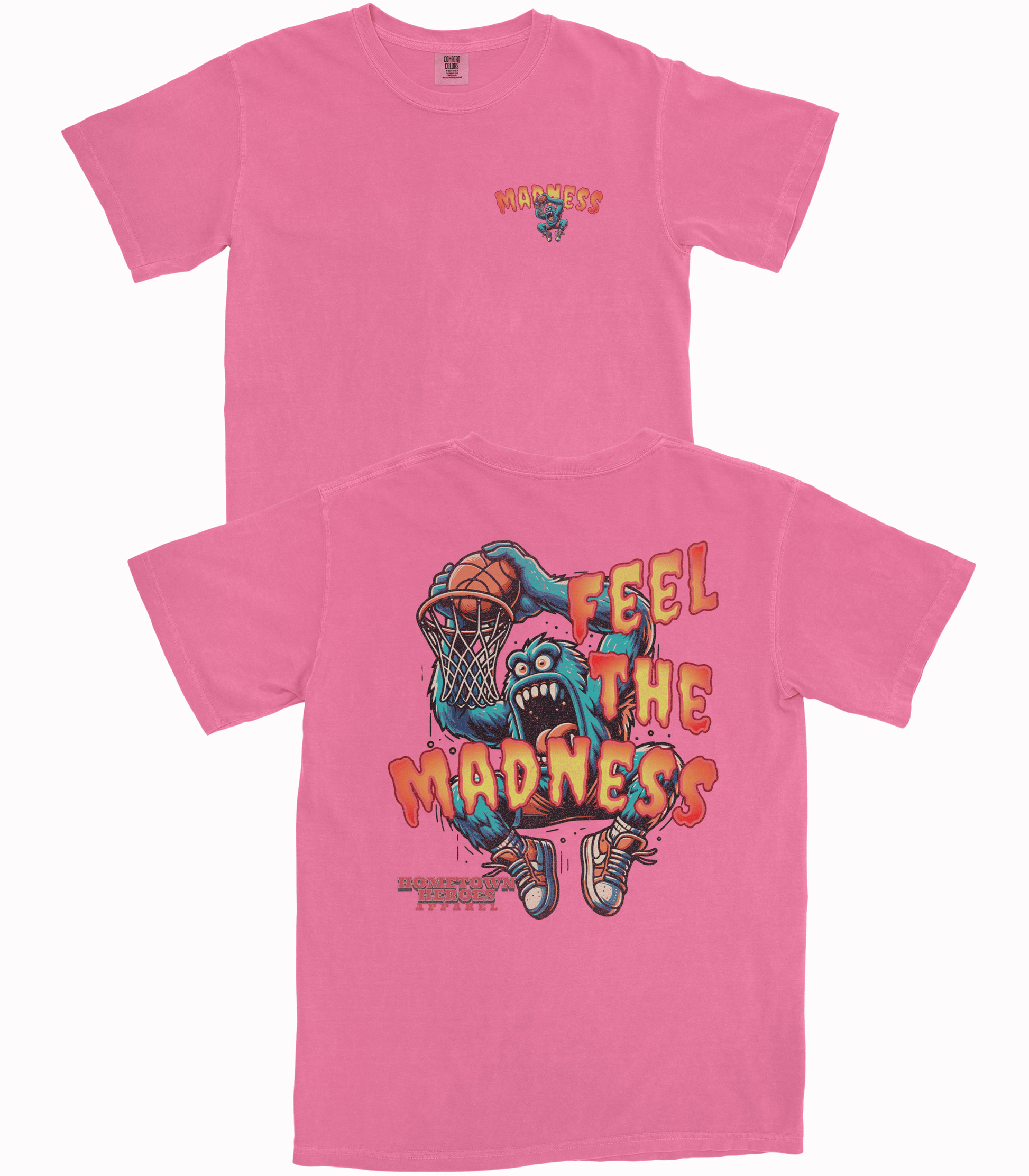 Pink t-shirt with graphic design and text on a white background