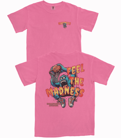 Pink t-shirt with graphic design and text on a white background