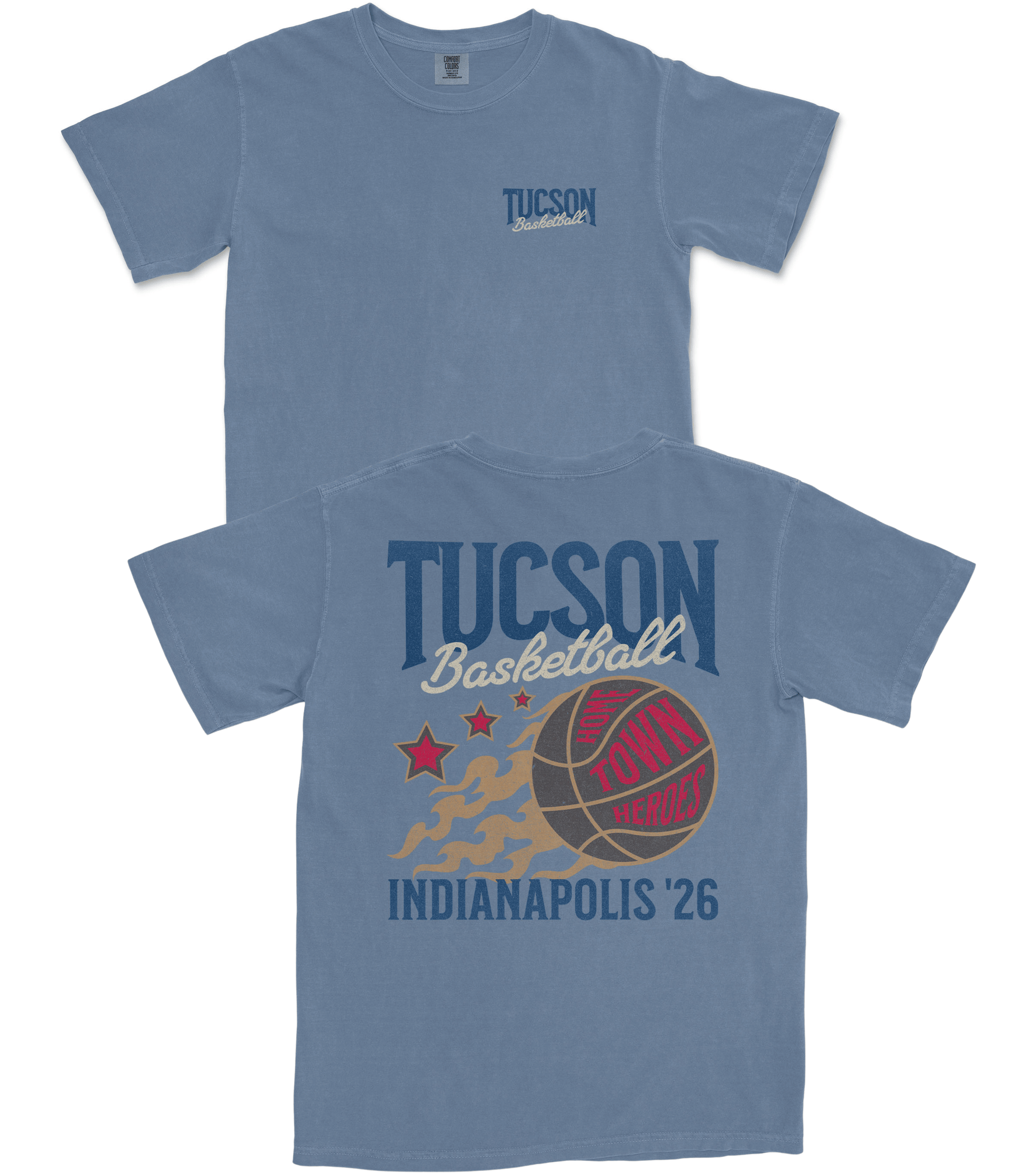 Blue t-shirt with 'Tucson Basketball' design on a white background