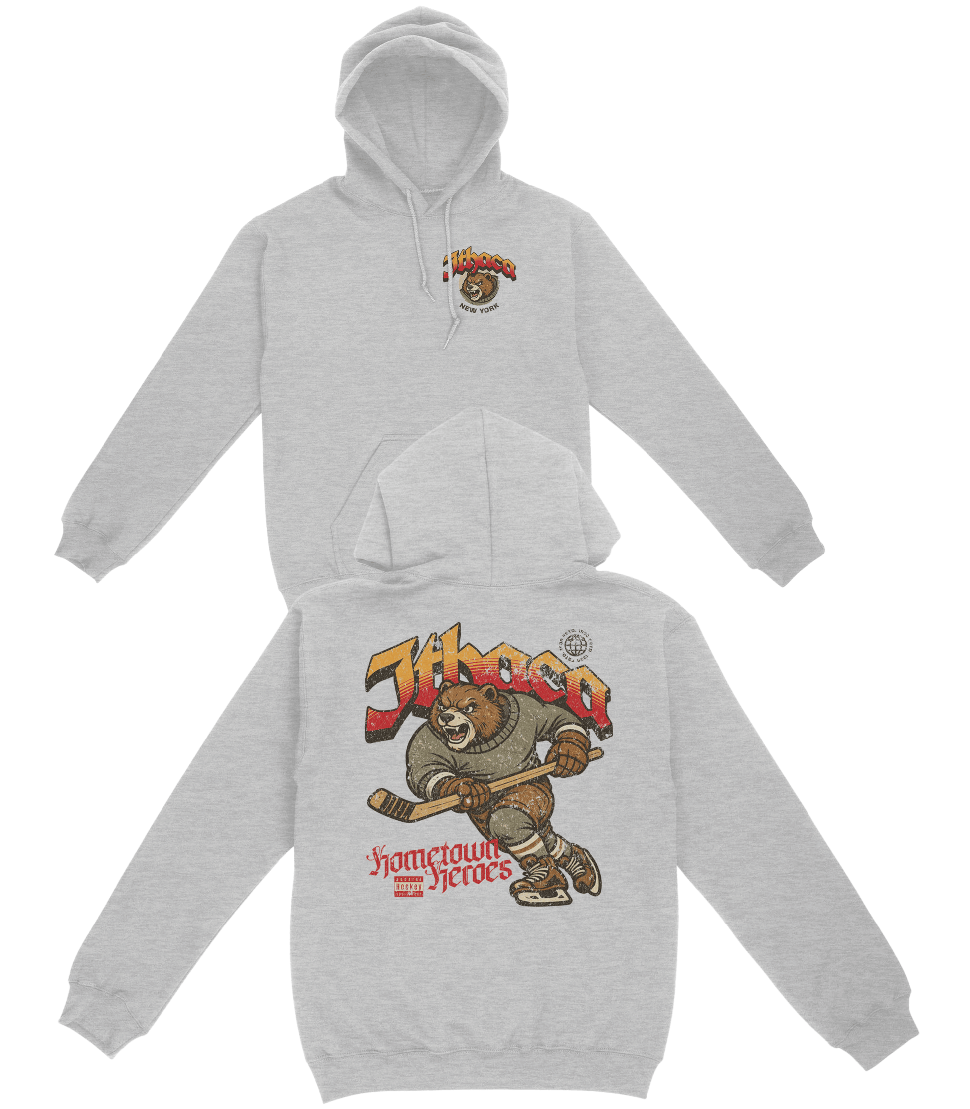 Gray hoodie with cartoon bear design and text on a white background