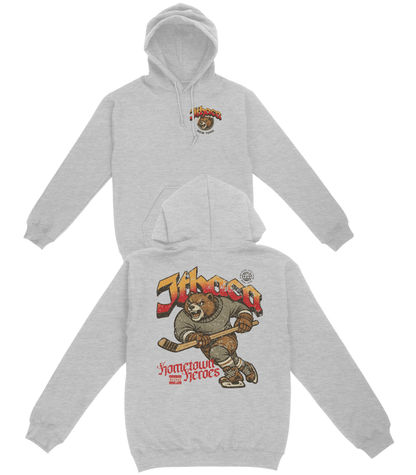 Gray hoodie with cartoon bear design and text on a white background