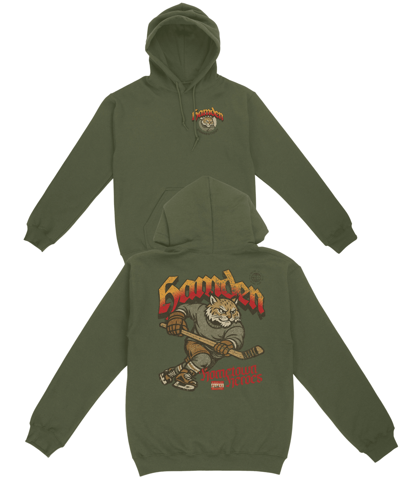 Green hoodie with 'Hamden' logo and bear graphic on a white background
