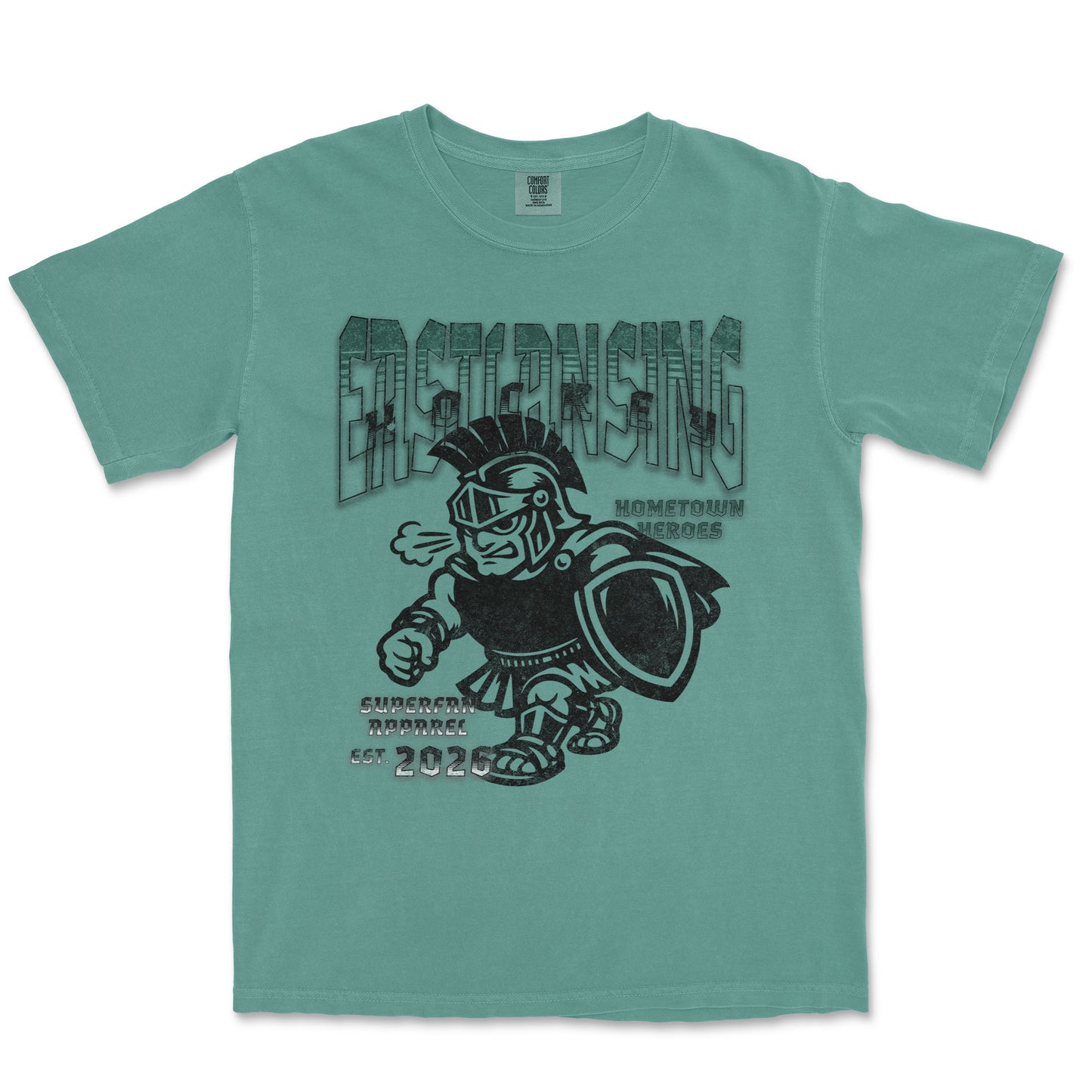 Teal t-shirt with graphic design of a warrior and text on a white background