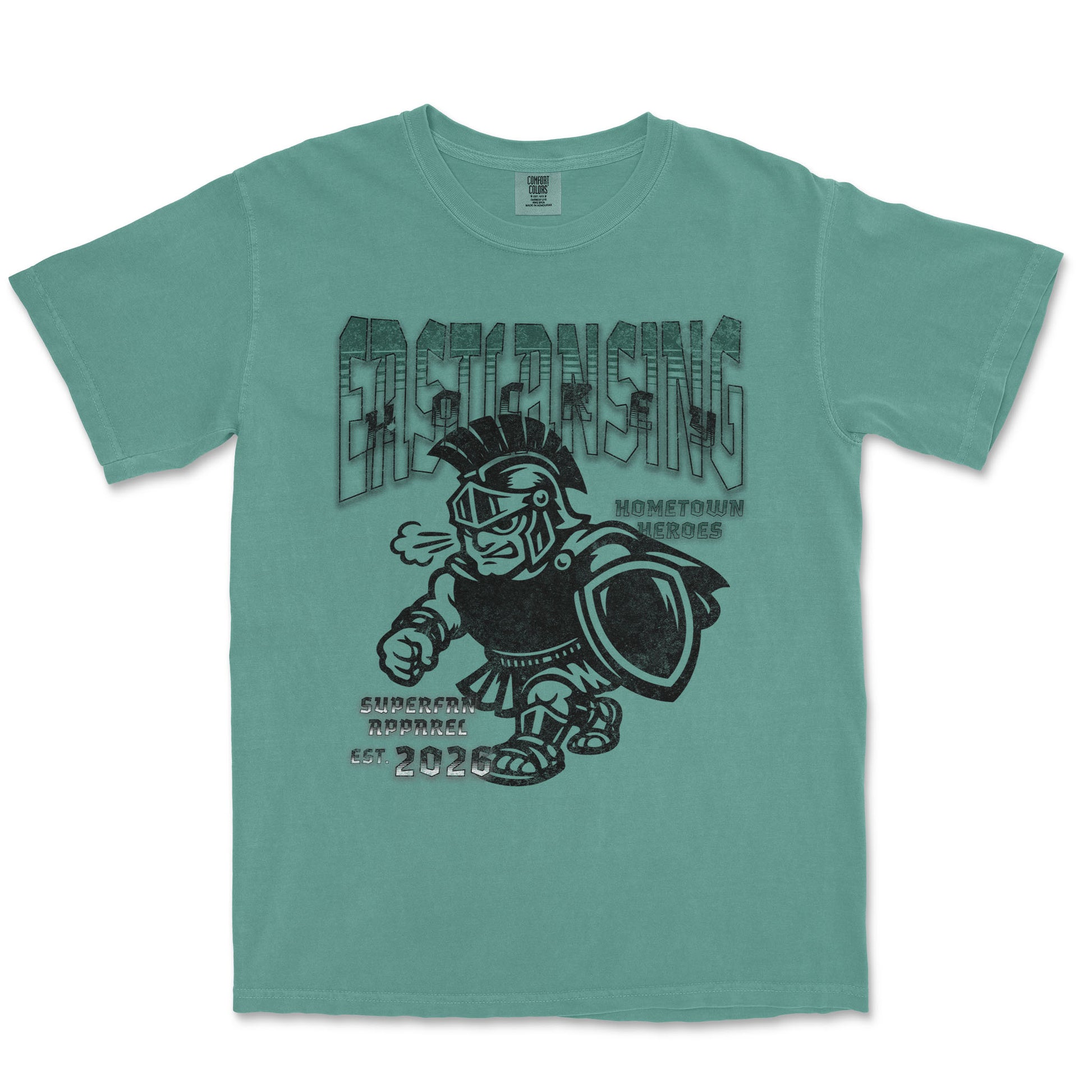 Teal t-shirt with graphic design of a warrior and text on a white background