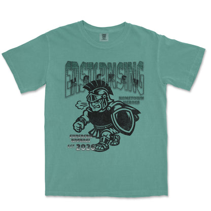 Teal t-shirt with graphic design of a warrior and text on a white background