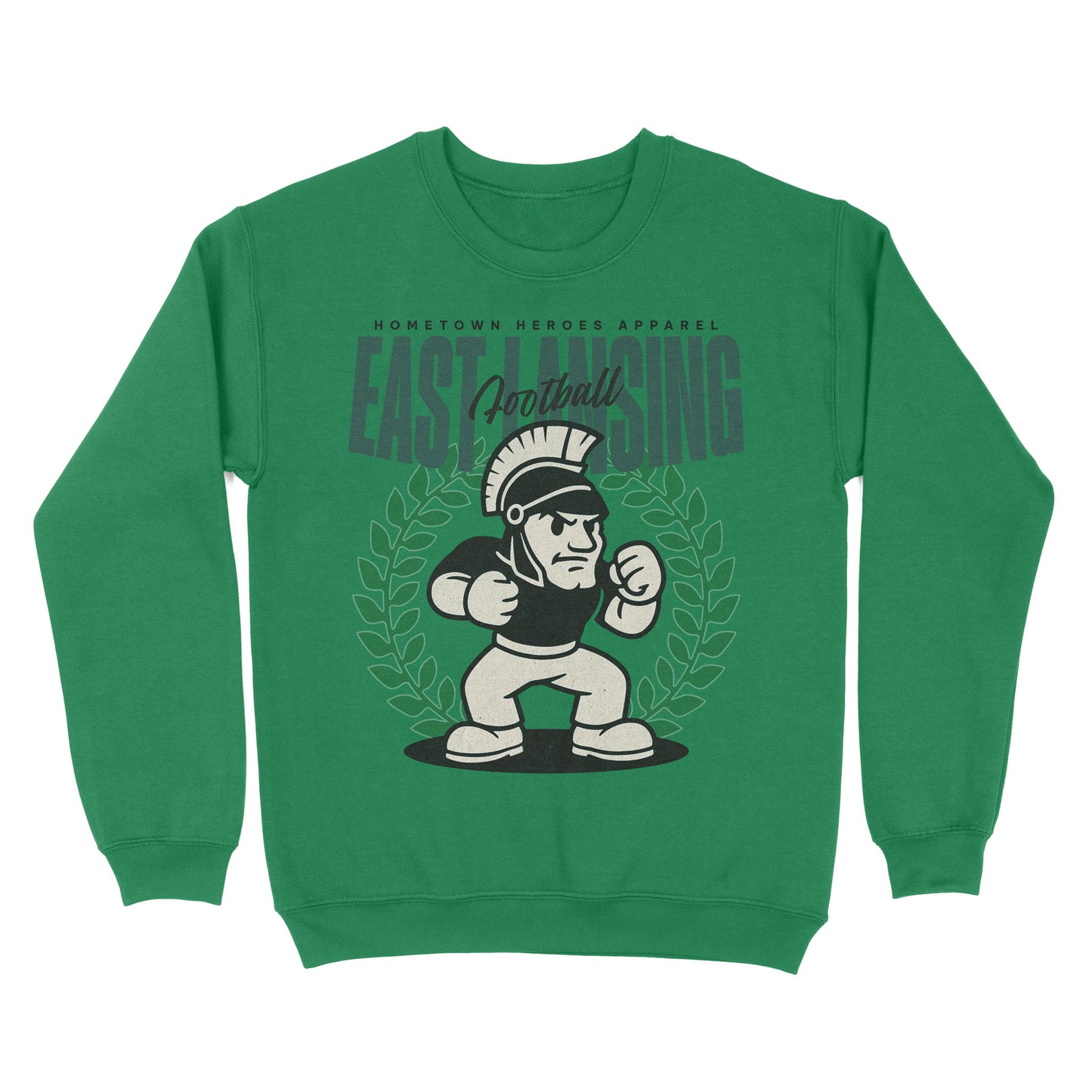 Green sweatshirt with a graphic design of a football player and text on a white background