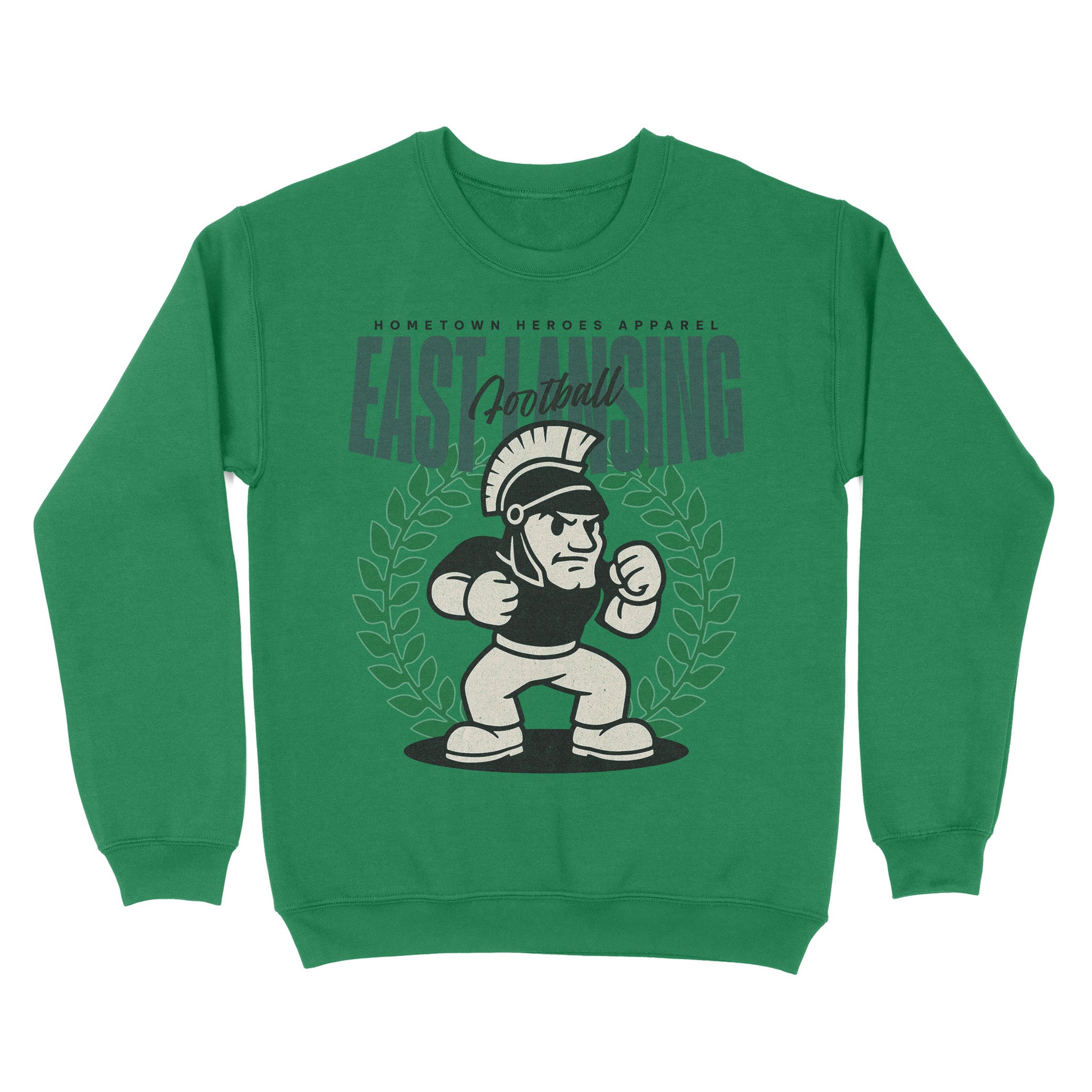 Green sweatshirt with a graphic design of a football player and text on a white background