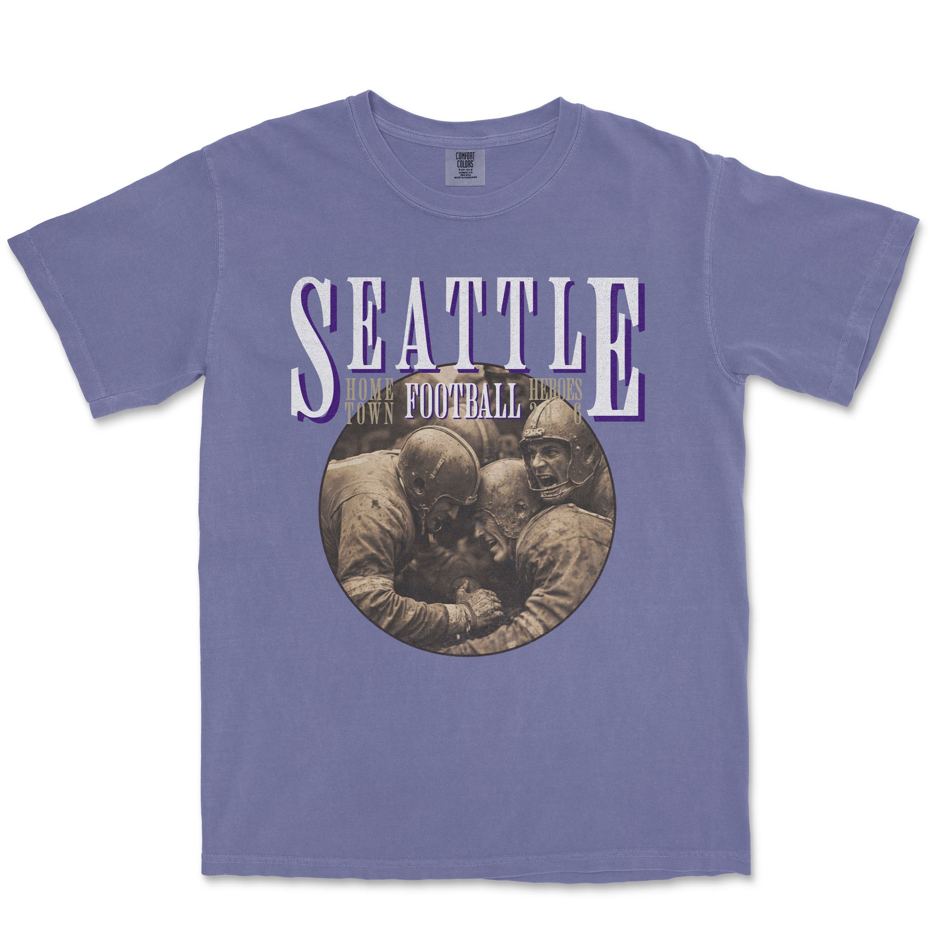 Purple t-shirt with 'Seattle Football' graphic on a white background