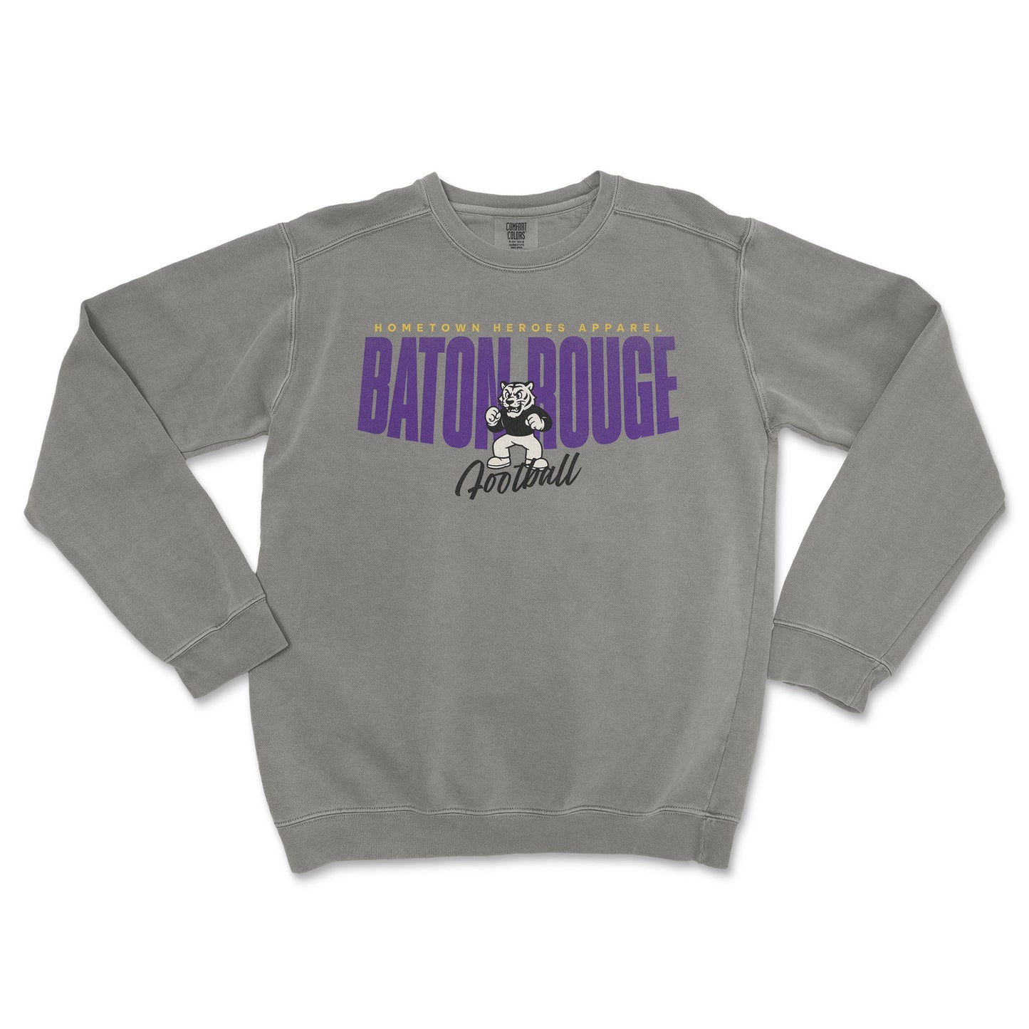 Gray sweatshirt with 'Baton Rouge Football' text and logo on a white background