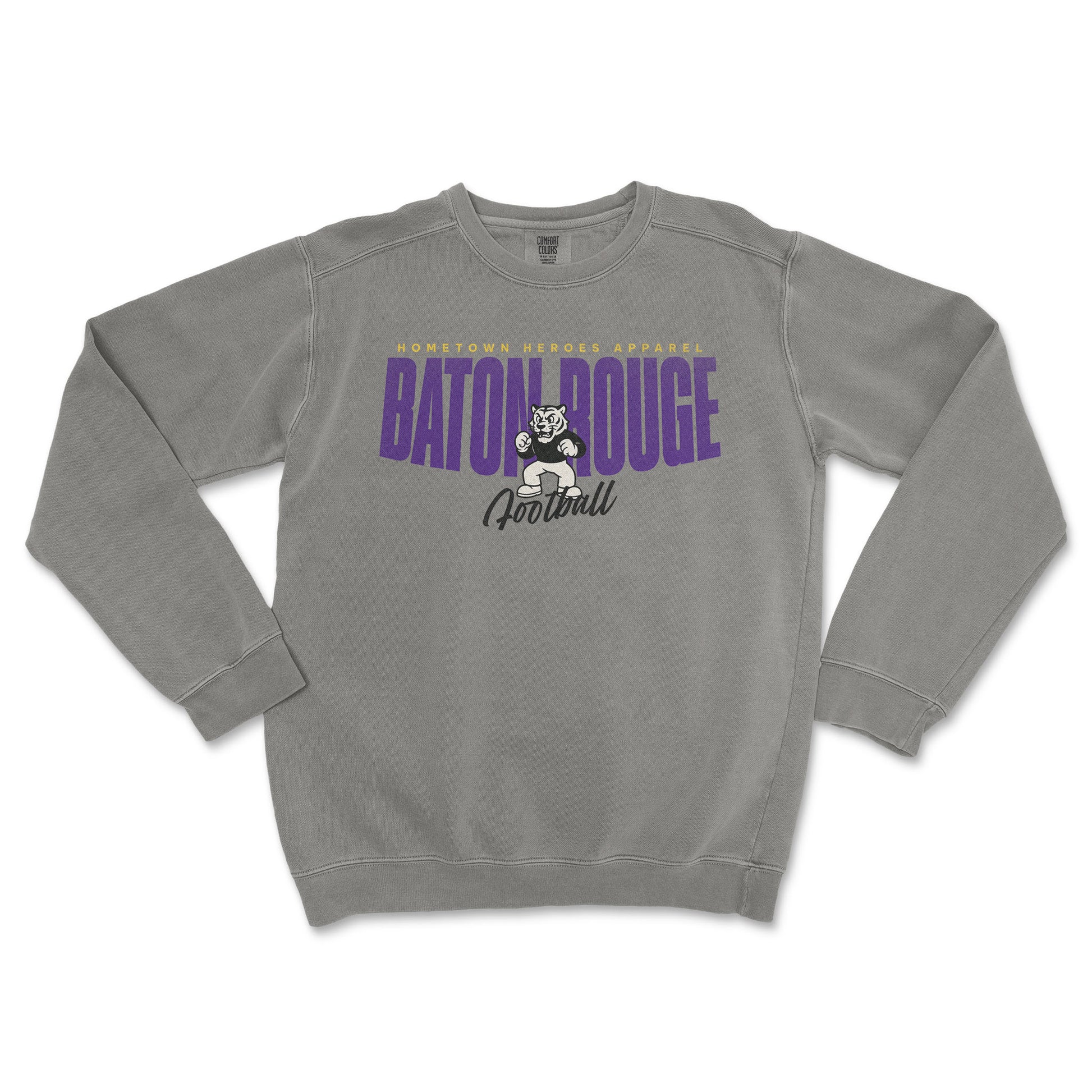 Gray sweatshirt with 'Baton Rouge Football' text and logo on a white background