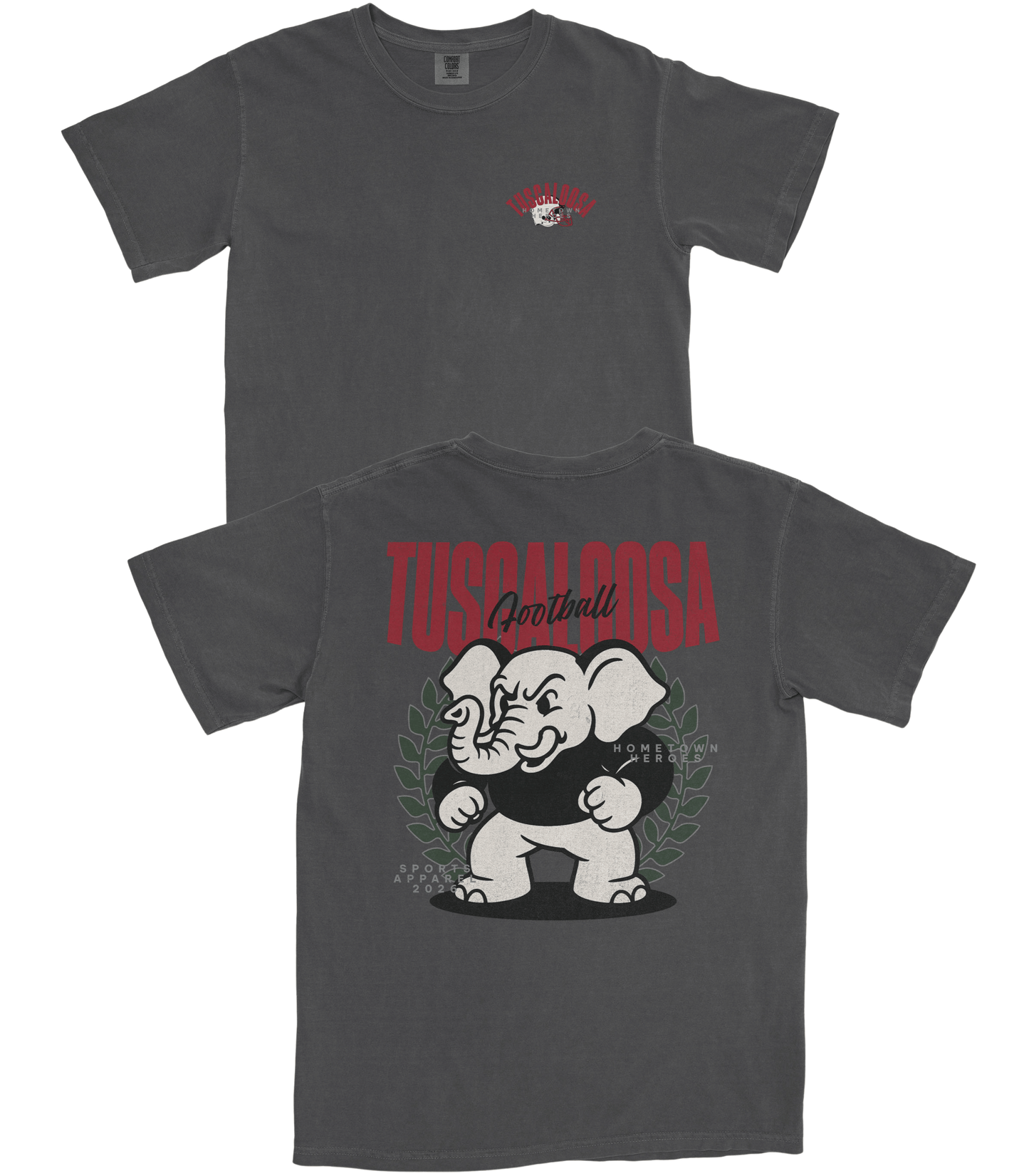 Gray t-shirt with cartoon elephant design and text on a white background
